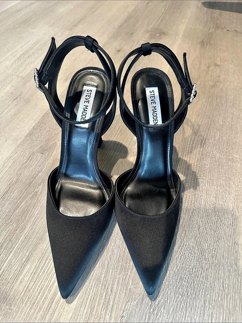 Steve Madden Tia Rhinestones Black Satin Pointed Toe Heels 9